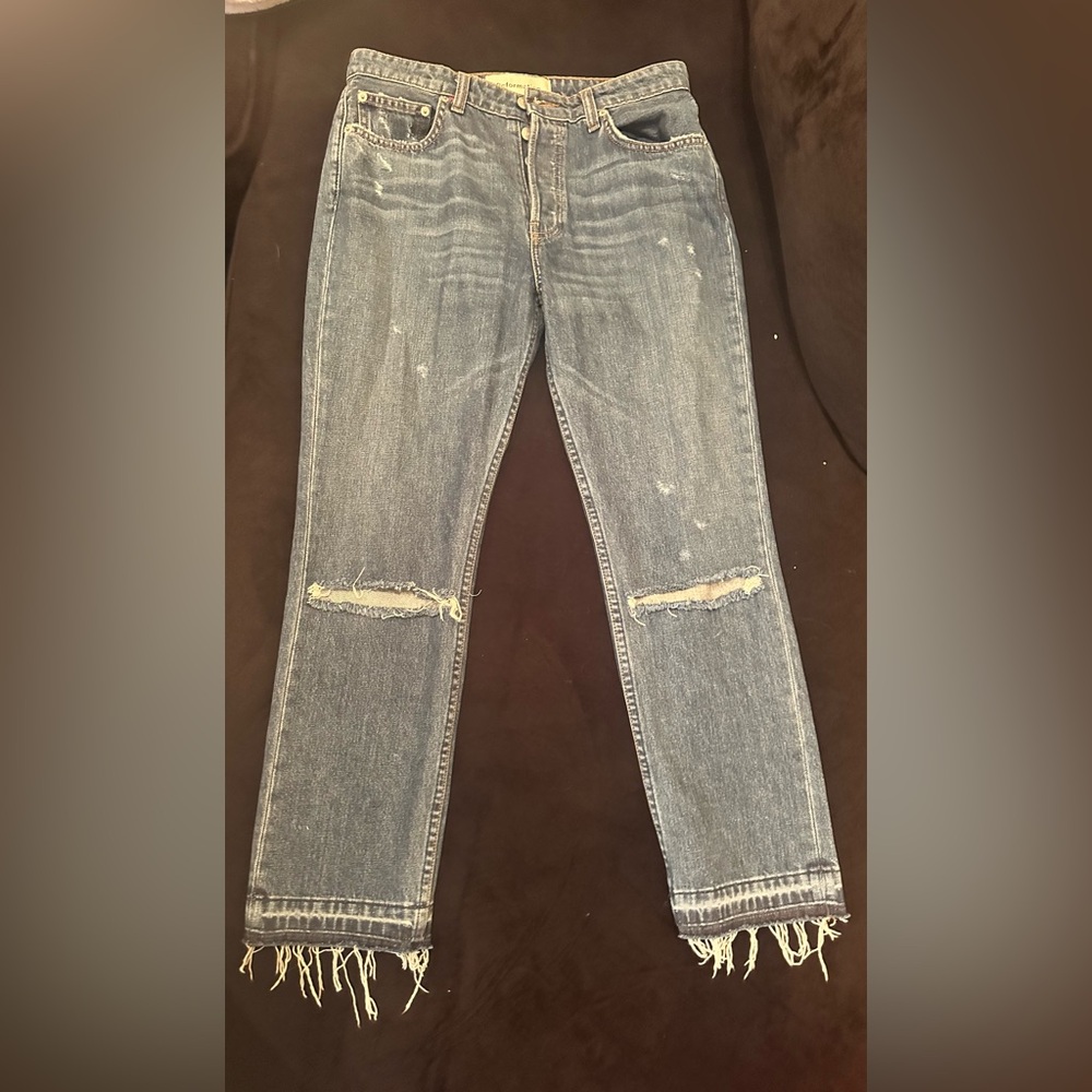 Reformation Blue Straight Leg Jeans with Distressed Knees
